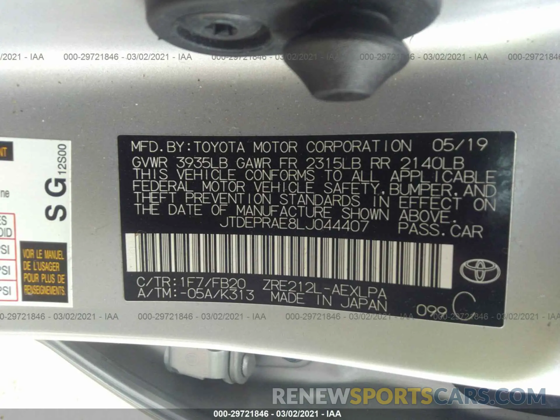9 fotografías del automóvil dañado JTDEPRAE8LJ044407 TOYOTA COROLLA 2020