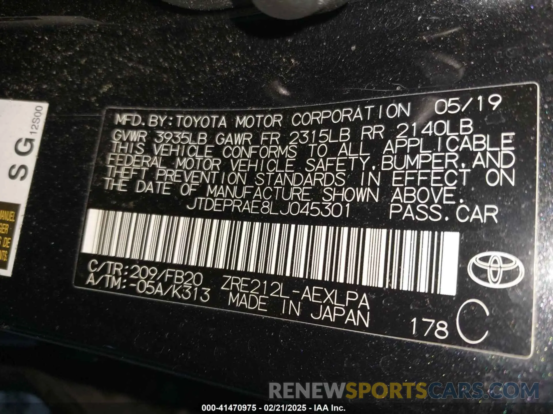 9 fotografías del automóvil dañado JTDEPRAE8LJ045301 TOYOTA COROLLA 2020