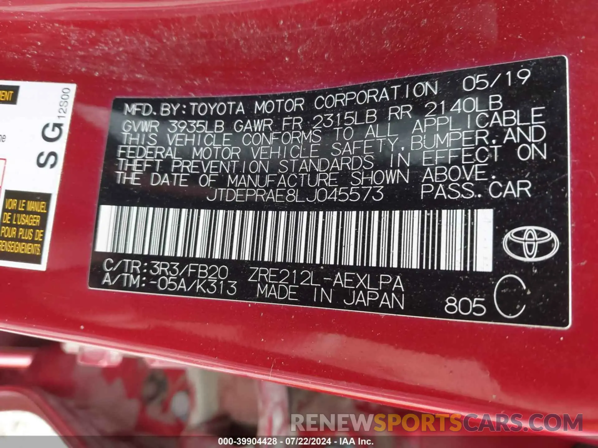 9 fotografías del automóvil dañado JTDEPRAE8LJ045573 TOYOTA COROLLA 2020