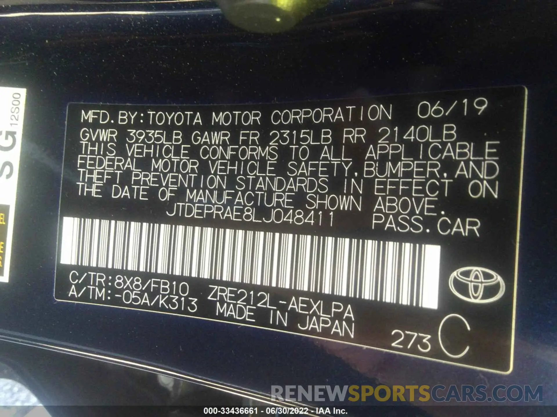 9 fotografías del automóvil dañado JTDEPRAE8LJ048411 TOYOTA COROLLA 2020