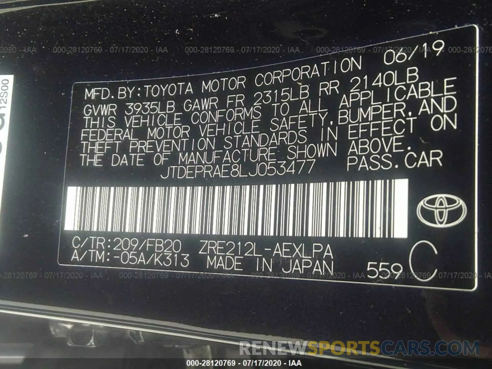9 fotografías del automóvil dañado JTDEPRAE8LJ053477 TOYOTA COROLLA 2020