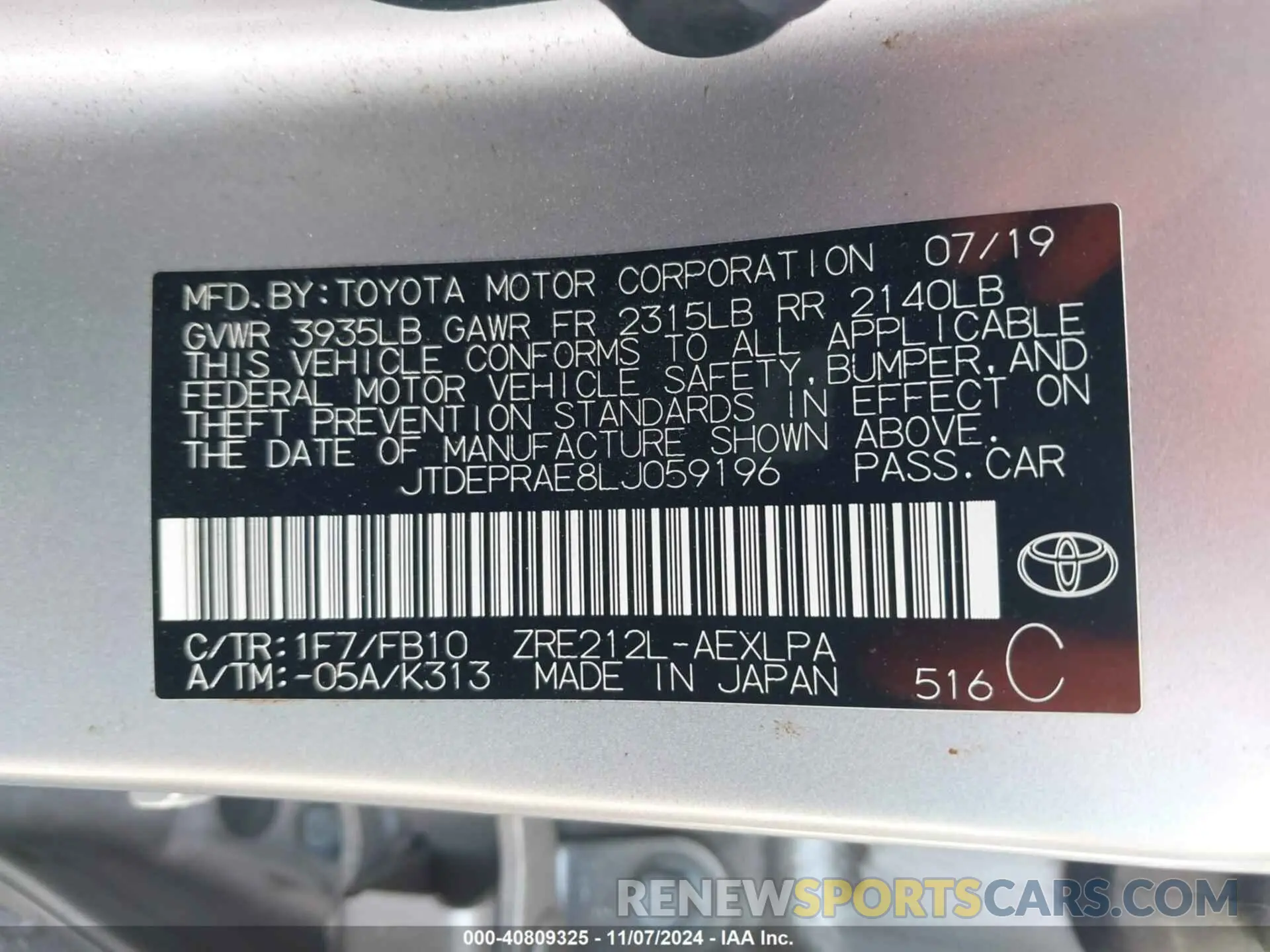 9 fotografías del automóvil dañado JTDEPRAE8LJ059196 TOYOTA COROLLA 2020