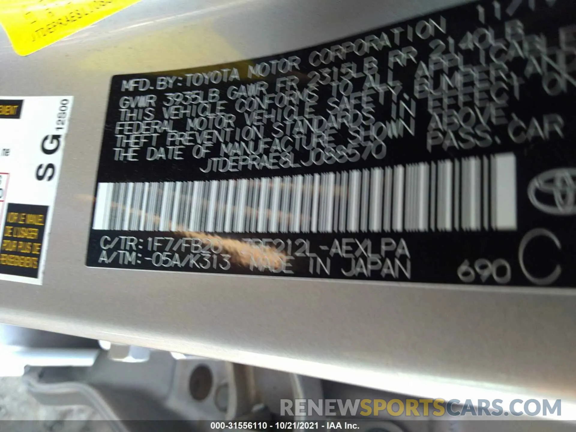 9 fotografías del automóvil dañado JTDEPRAE8LJ088570 TOYOTA COROLLA 2020