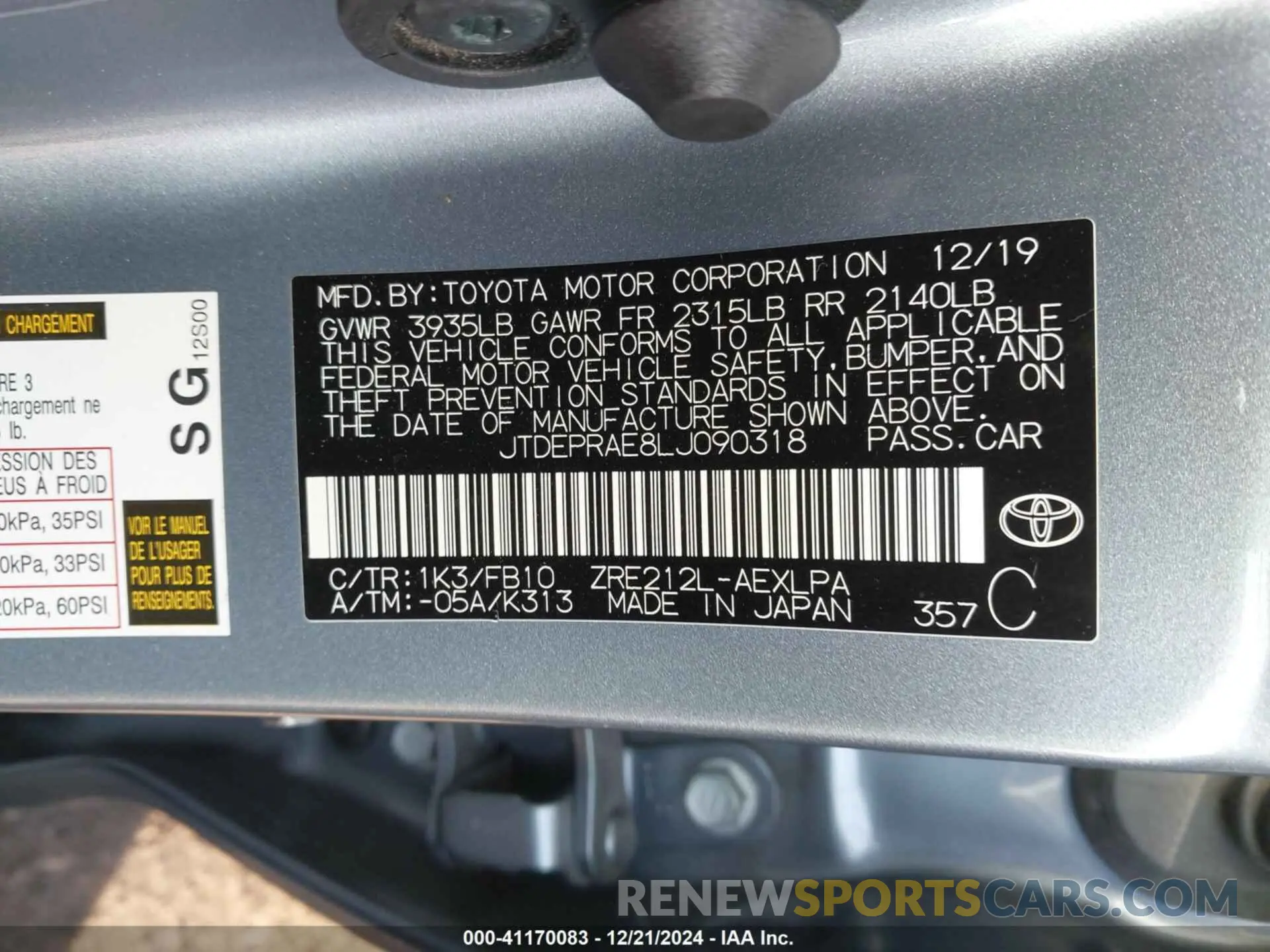 9 fotografías del automóvil dañado JTDEPRAE8LJ090318 TOYOTA COROLLA 2020