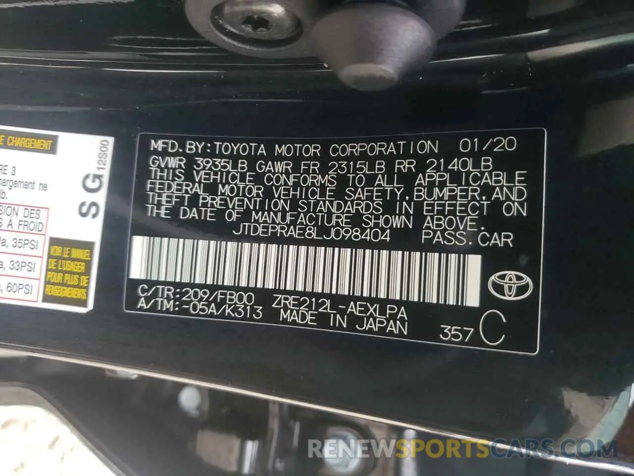 12 fotografías del automóvil dañado JTDEPRAE8LJ098404 TOYOTA COROLLA 2020