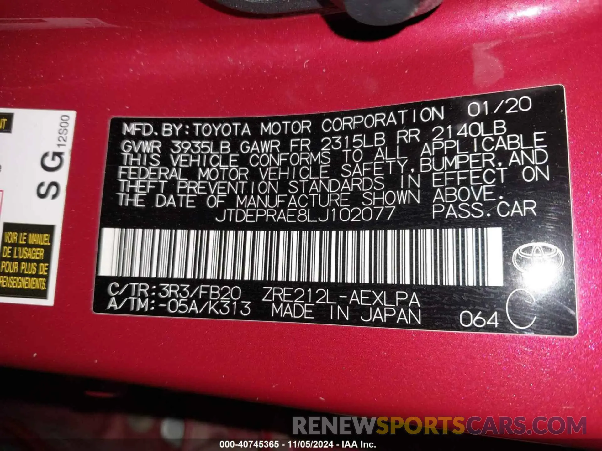 9 fotografías del automóvil dañado JTDEPRAE8LJ102077 TOYOTA COROLLA 2020