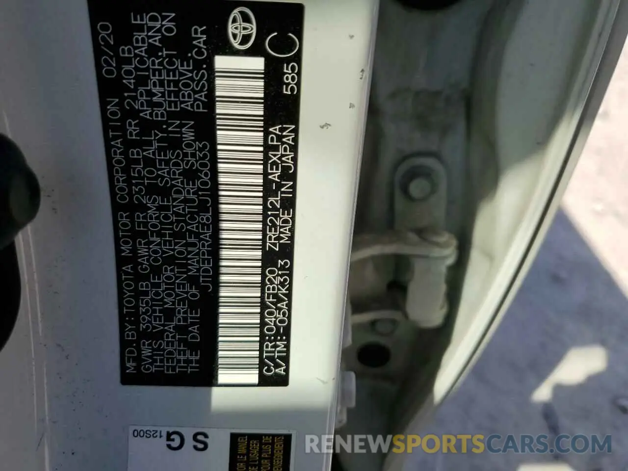 12 fotografías del automóvil dañado JTDEPRAE8LJ106033 TOYOTA COROLLA 2020