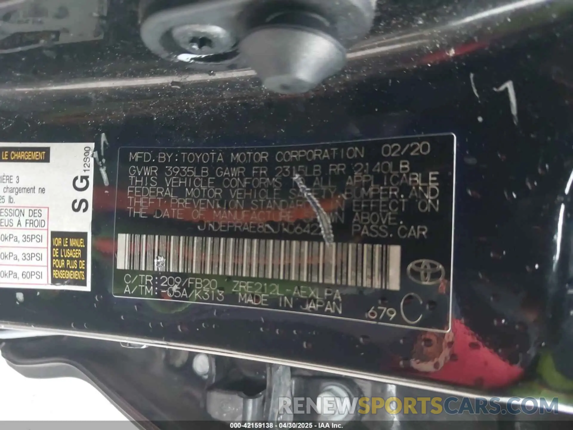 9 fotografías del automóvil dañado JTDEPRAE8LJ106422 TOYOTA COROLLA 2020