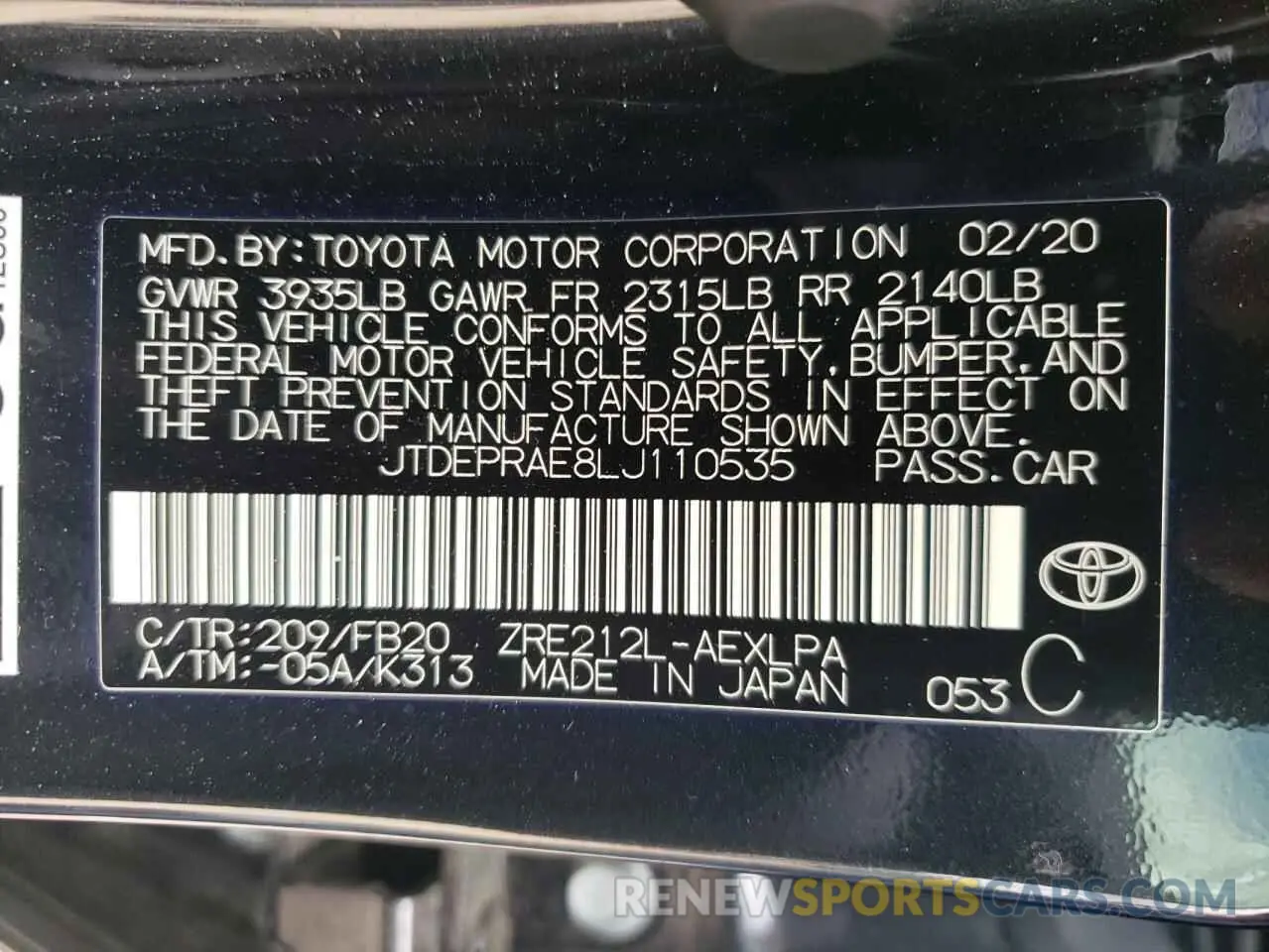 10 fotografías del automóvil dañado JTDEPRAE8LJ110535 TOYOTA COROLLA 2020