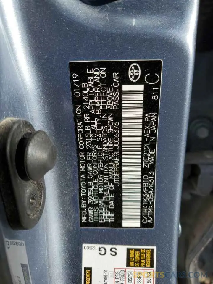 14 fotografías del automóvil dañado JTDEPRAE9LJ006376 TOYOTA COROLLA 2020