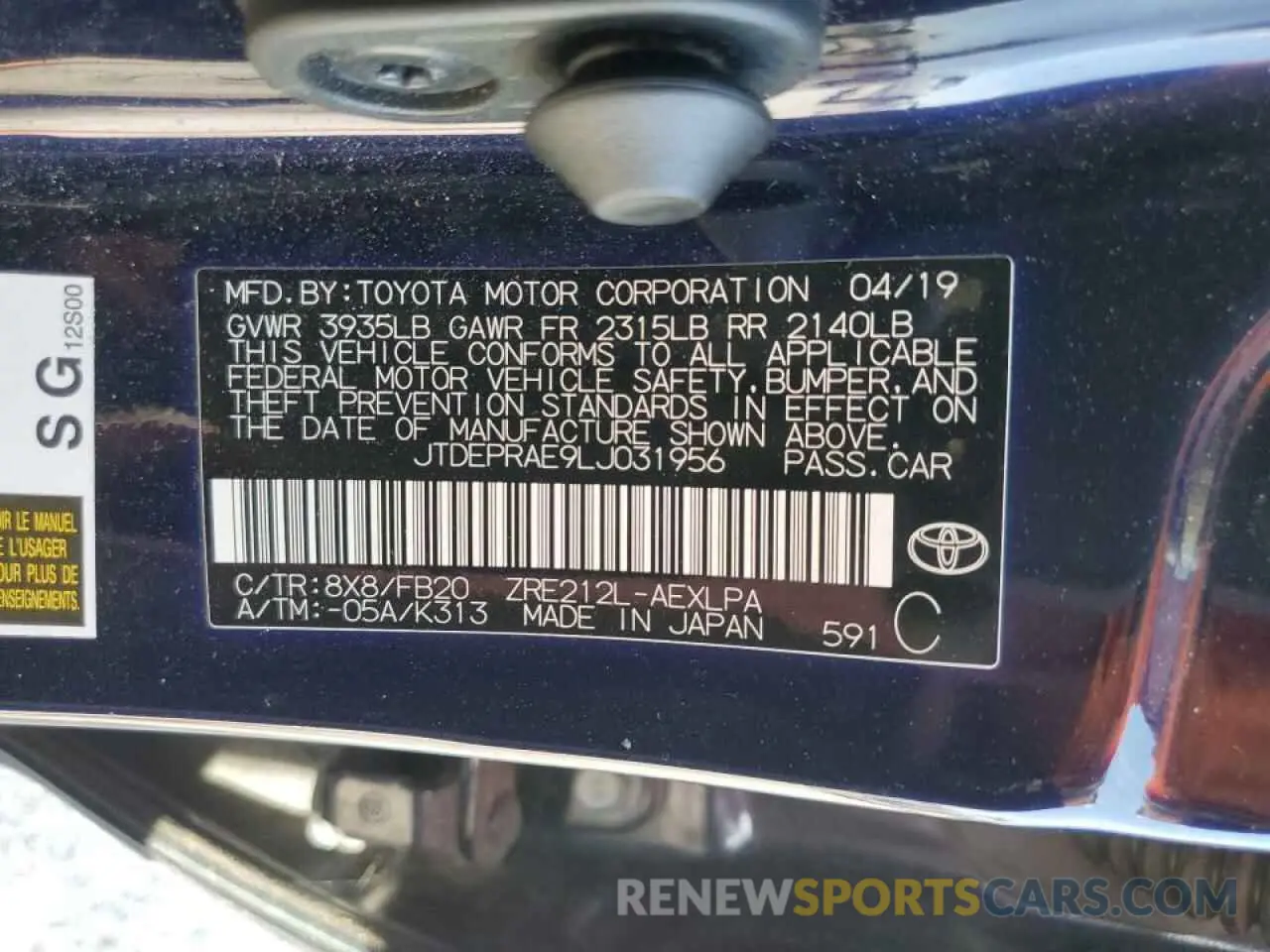 10 fotografías del automóvil dañado JTDEPRAE9LJ031956 TOYOTA COROLLA 2020