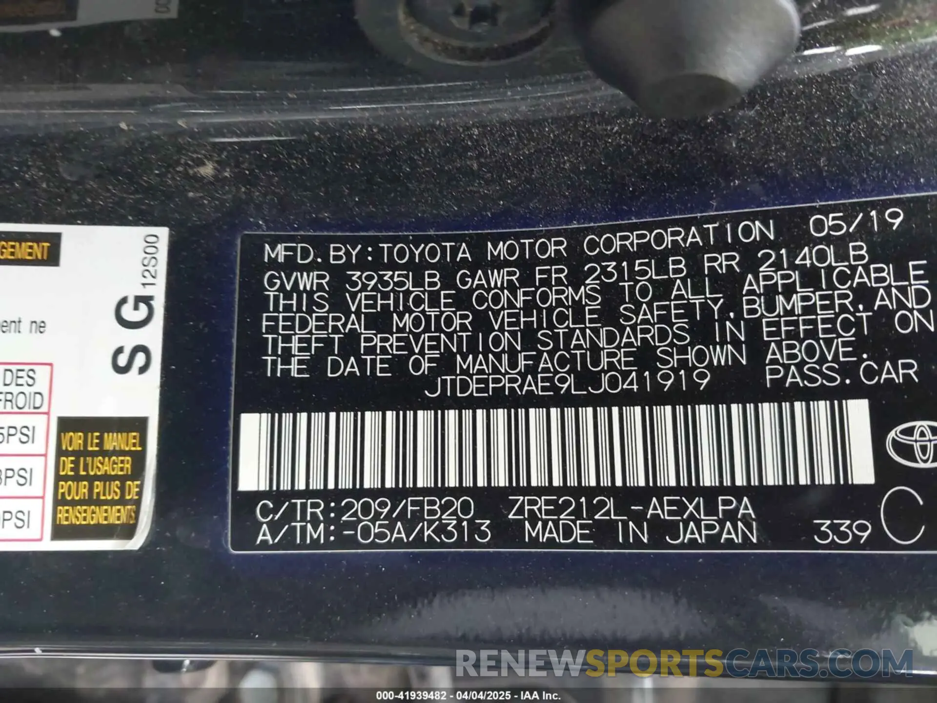 9 fotografías del automóvil dañado JTDEPRAE9LJ041919 TOYOTA COROLLA 2020