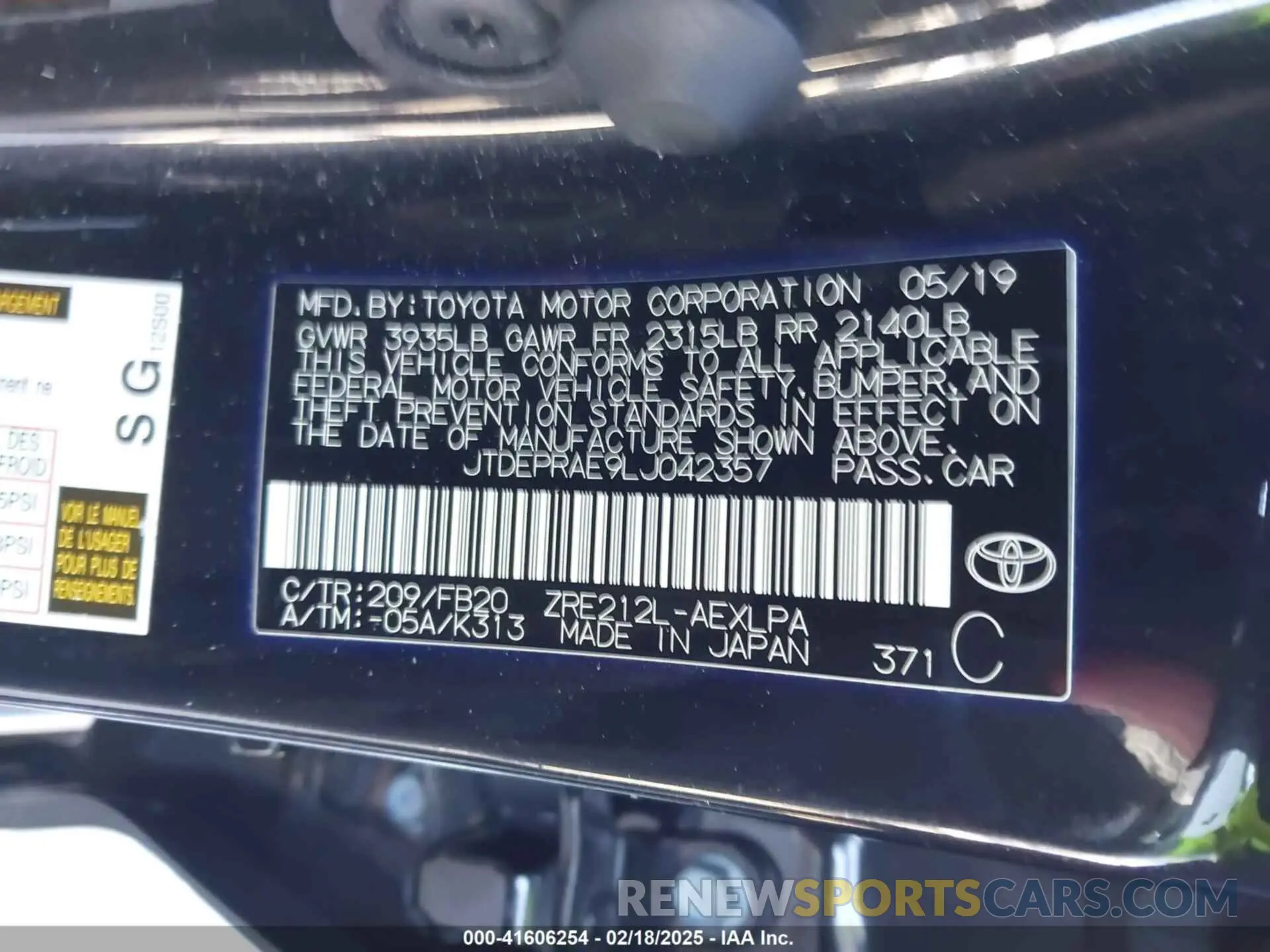 9 fotografías del automóvil dañado JTDEPRAE9LJ042357 TOYOTA COROLLA 2020