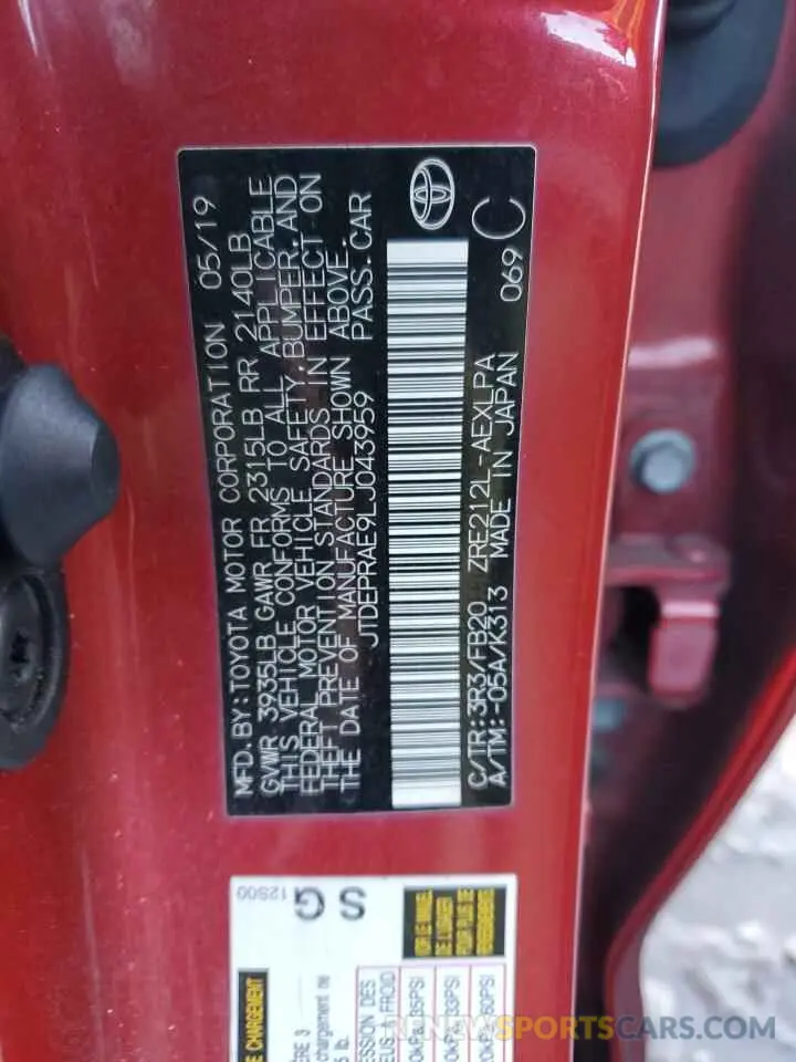 12 fotografías del automóvil dañado JTDEPRAE9LJ043959 TOYOTA COROLLA 2020