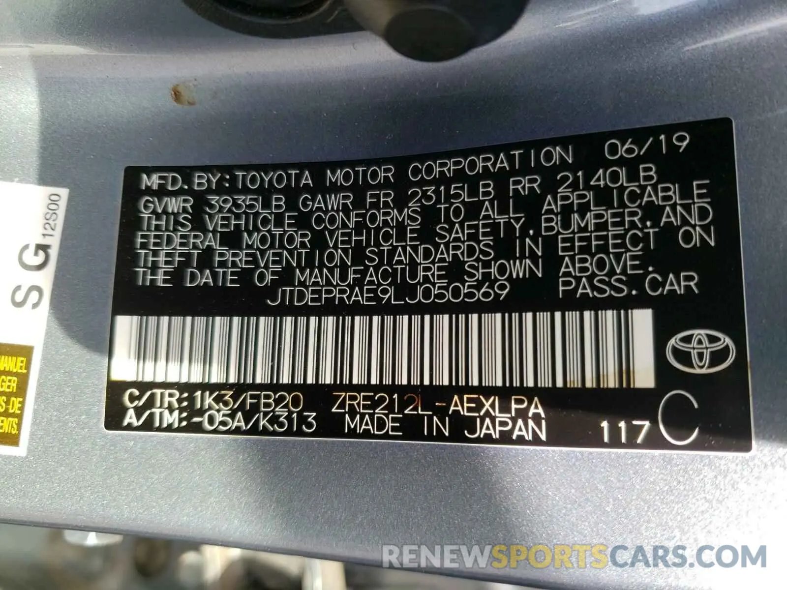 10 fotografías del automóvil dañado JTDEPRAE9LJ050569 TOYOTA COROLLA 2020