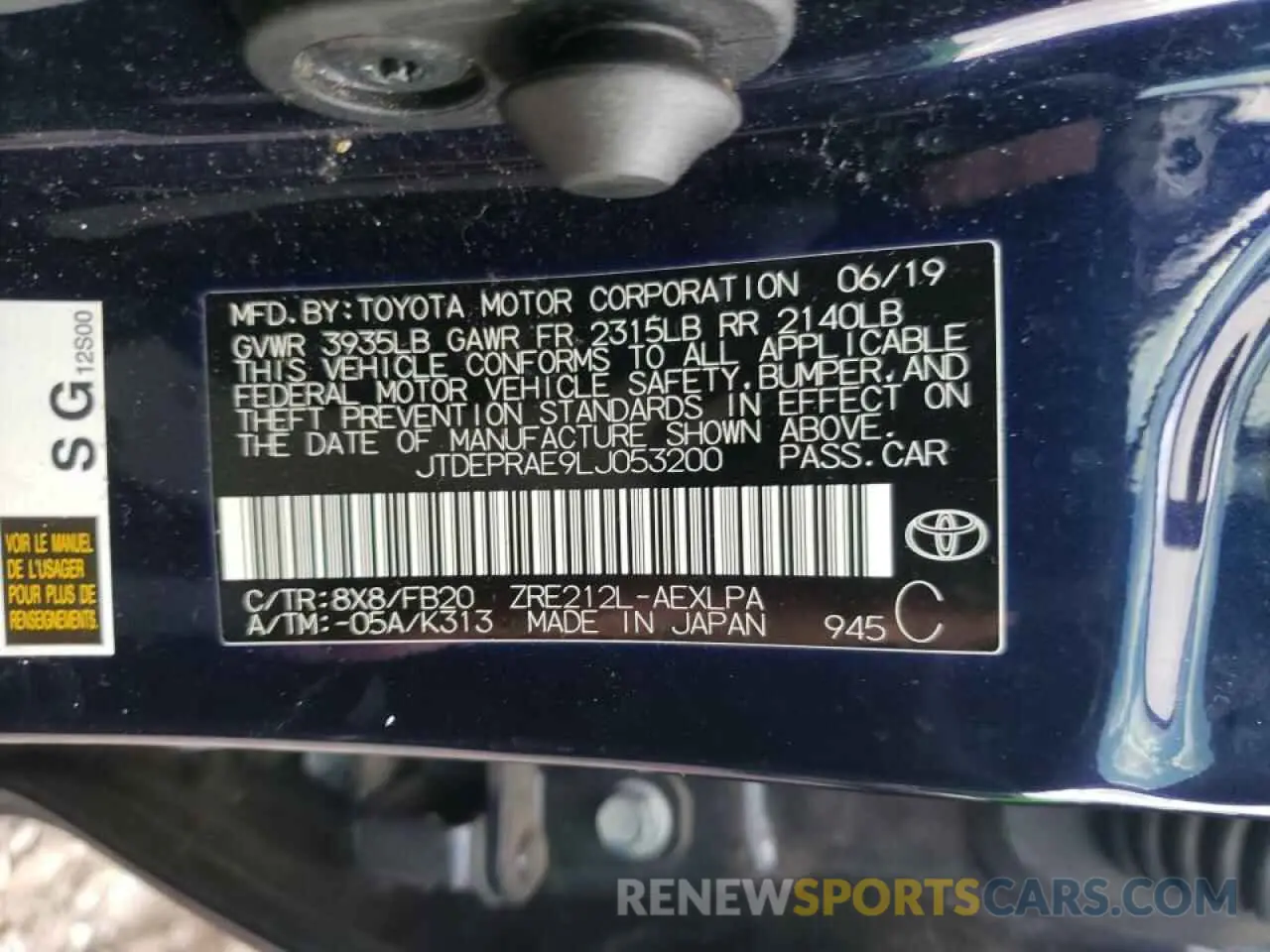 10 fotografías del automóvil dañado JTDEPRAE9LJ053200 TOYOTA COROLLA 2020
