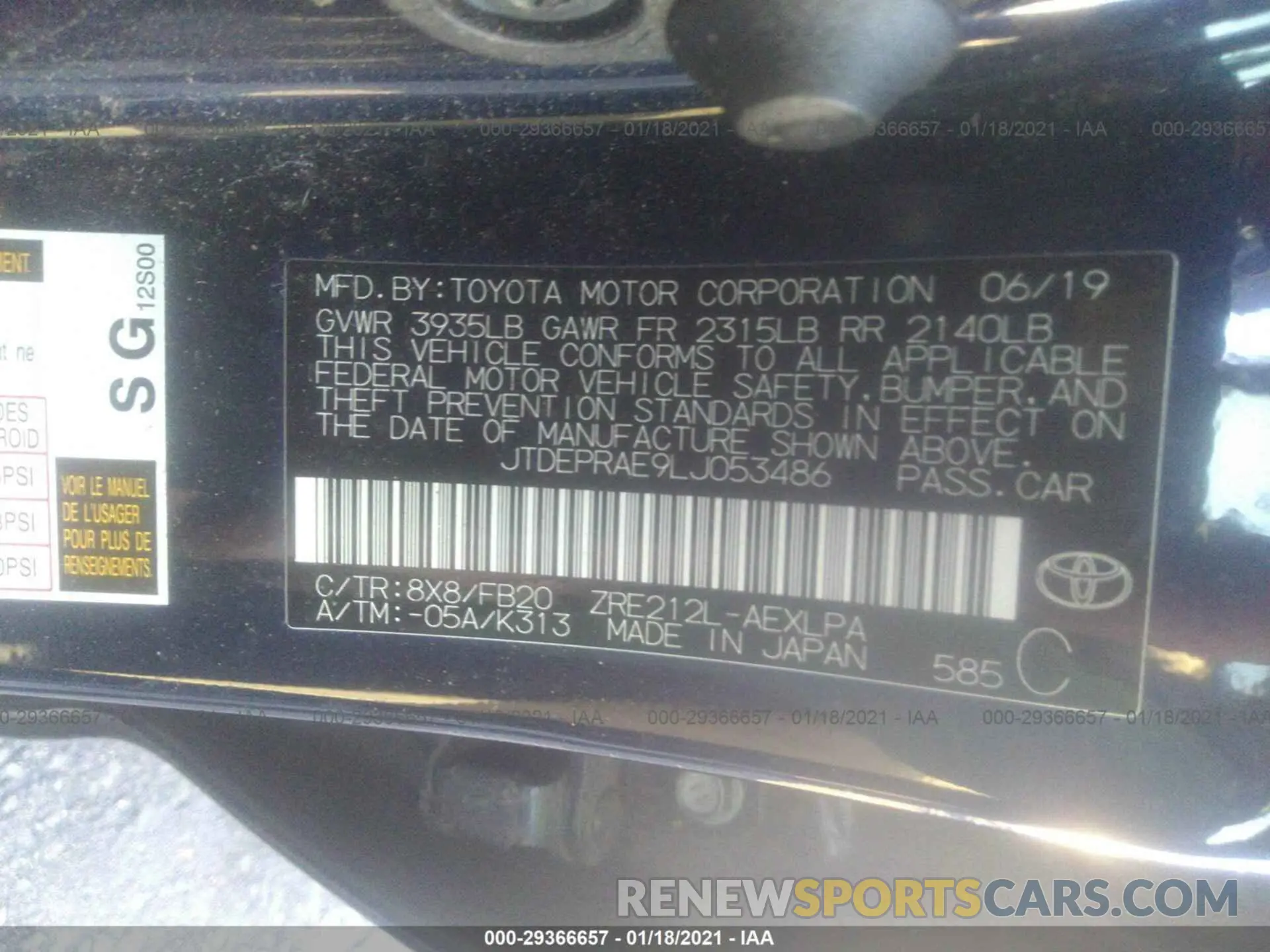 9 fotografías del automóvil dañado JTDEPRAE9LJ053486 TOYOTA COROLLA 2020