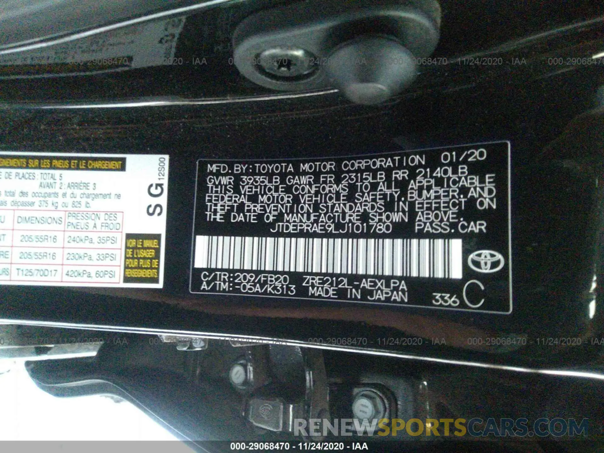 9 fotografías del automóvil dañado JTDEPRAE9LJ101780 TOYOTA COROLLA 2020