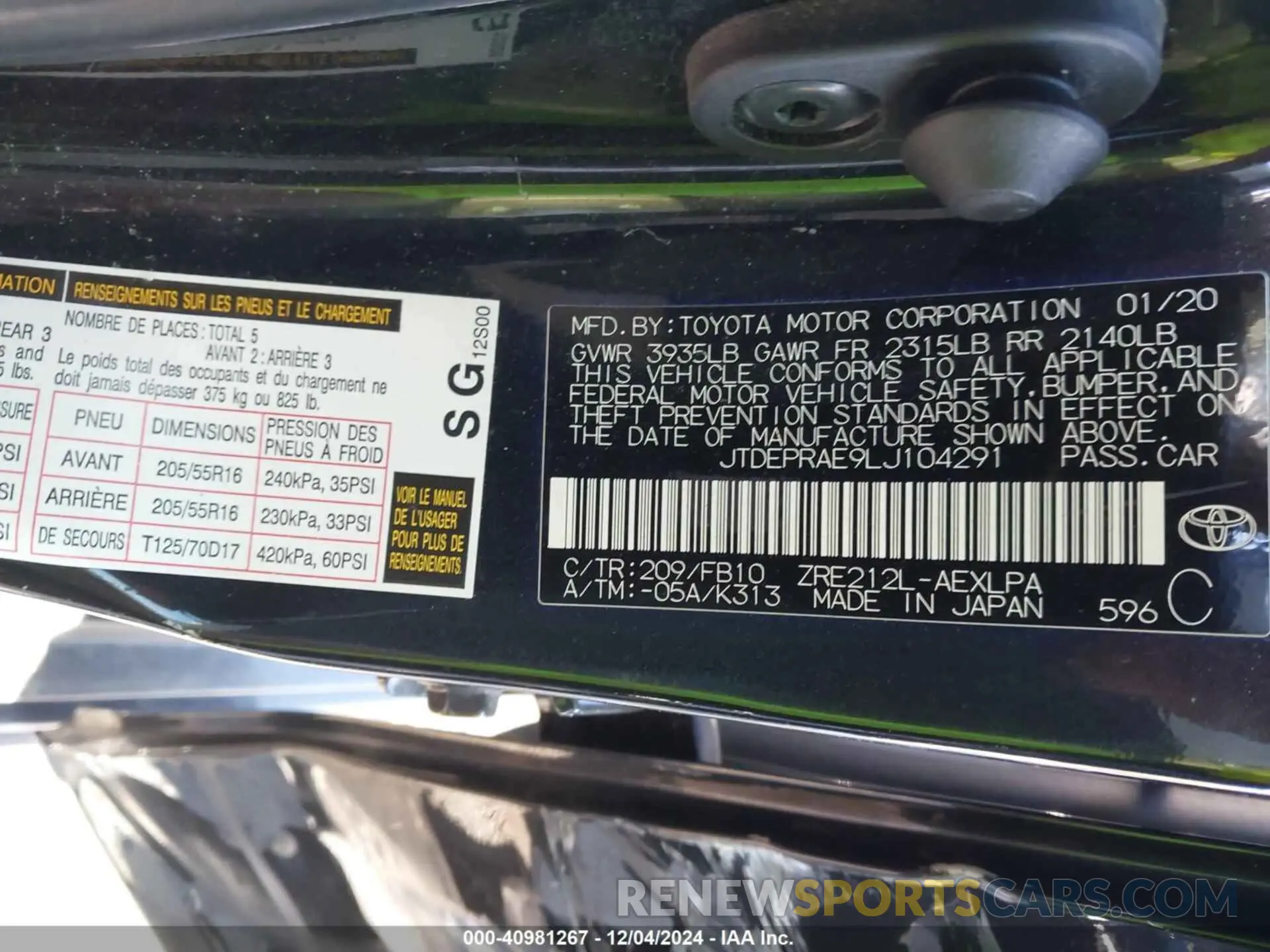 9 fotografías del automóvil dañado JTDEPRAE9LJ104291 TOYOTA COROLLA 2020