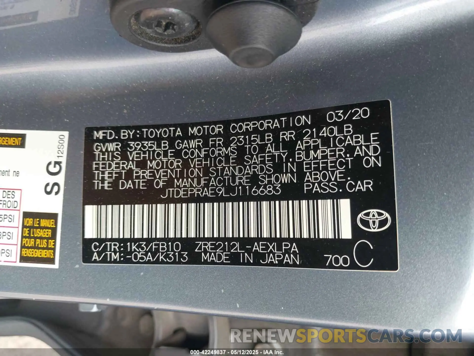 9 fotografías del automóvil dañado JTDEPRAE9LJ116683 TOYOTA COROLLA 2020