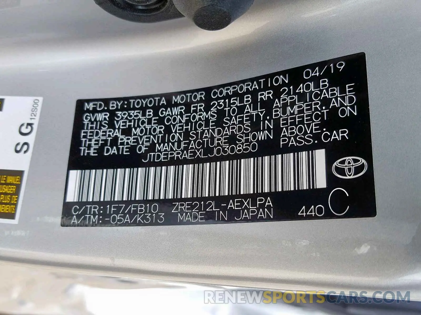 10 fotografías del automóvil dañado JTDEPRAEXLJ030850 TOYOTA COROLLA 2020