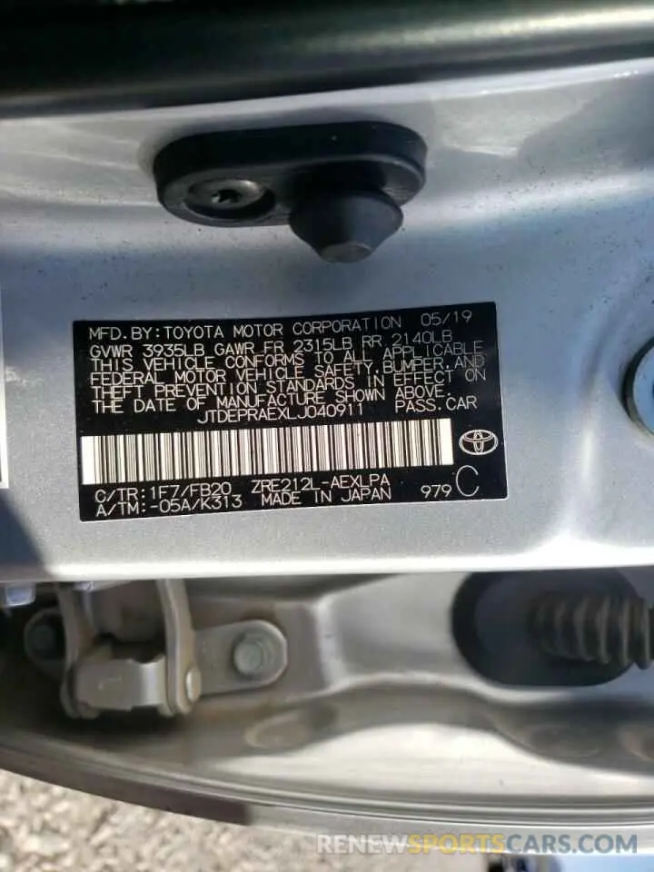 10 fotografías del automóvil dañado JTDEPRAEXLJ040911 TOYOTA COROLLA 2020
