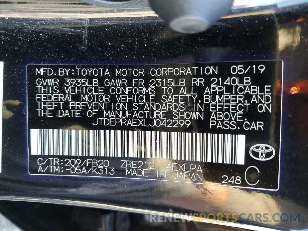 14 fotografías del automóvil dañado JTDEPRAEXLJ042299 TOYOTA COROLLA 2020