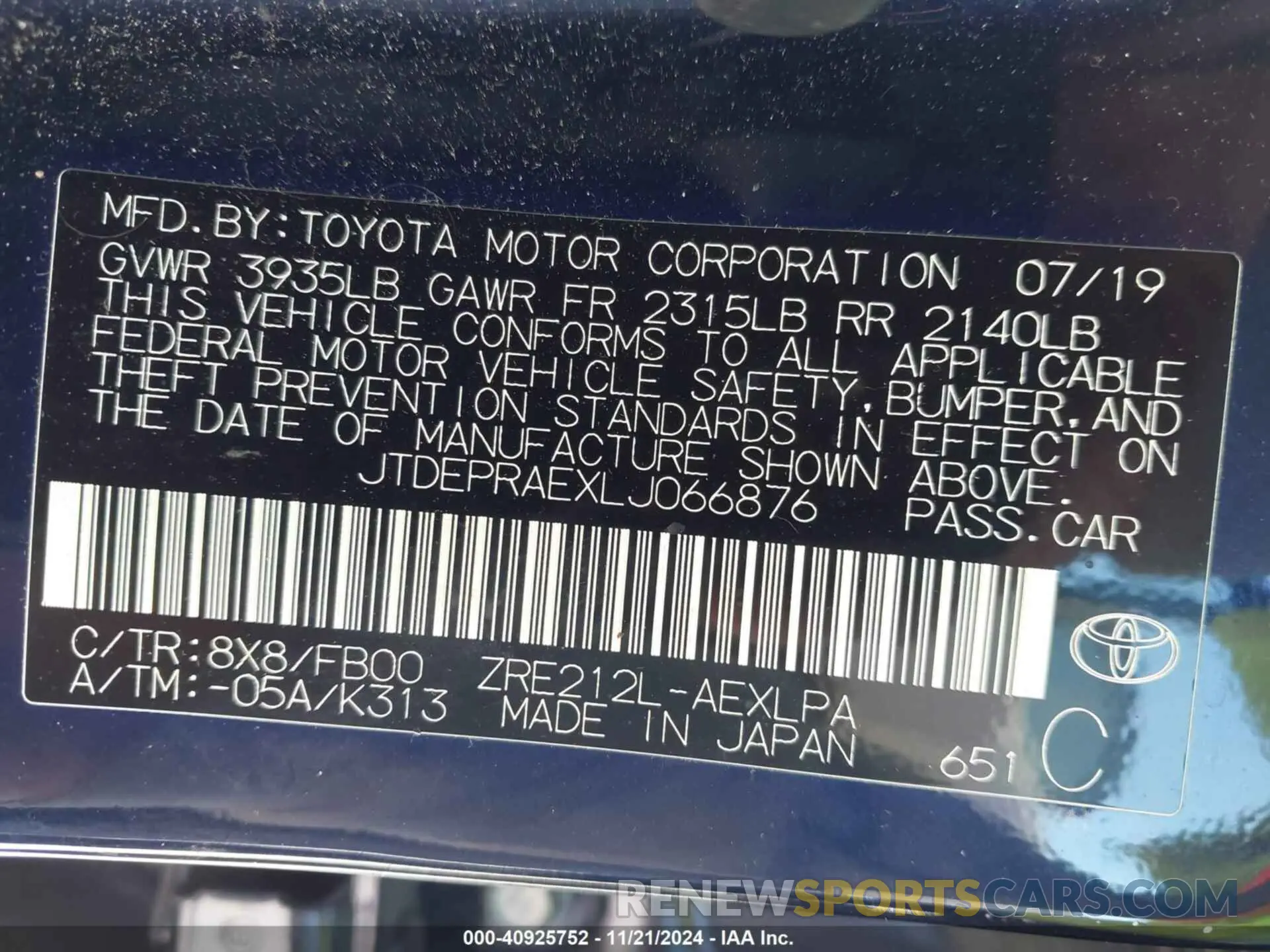 9 fotografías del automóvil dañado JTDEPRAEXLJ066876 TOYOTA COROLLA 2020