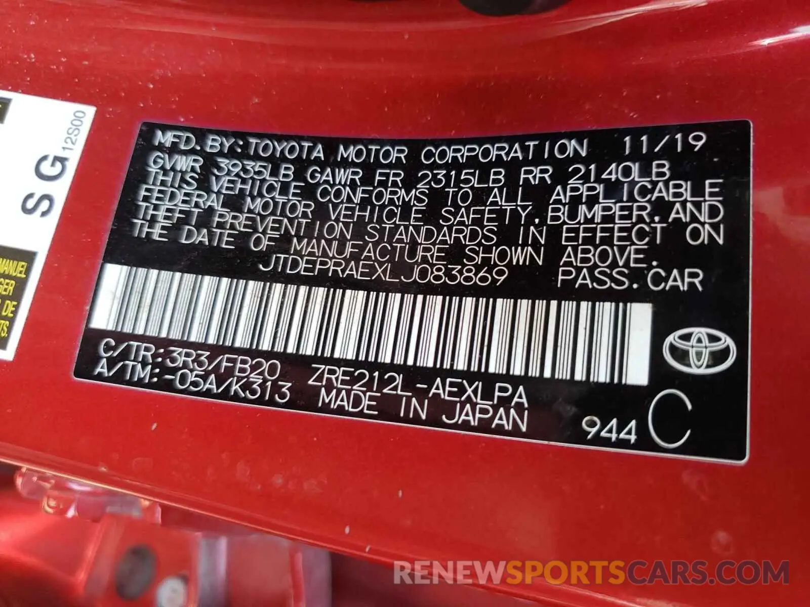 10 fotografías del automóvil dañado JTDEPRAEXLJ083869 TOYOTA COROLLA 2020