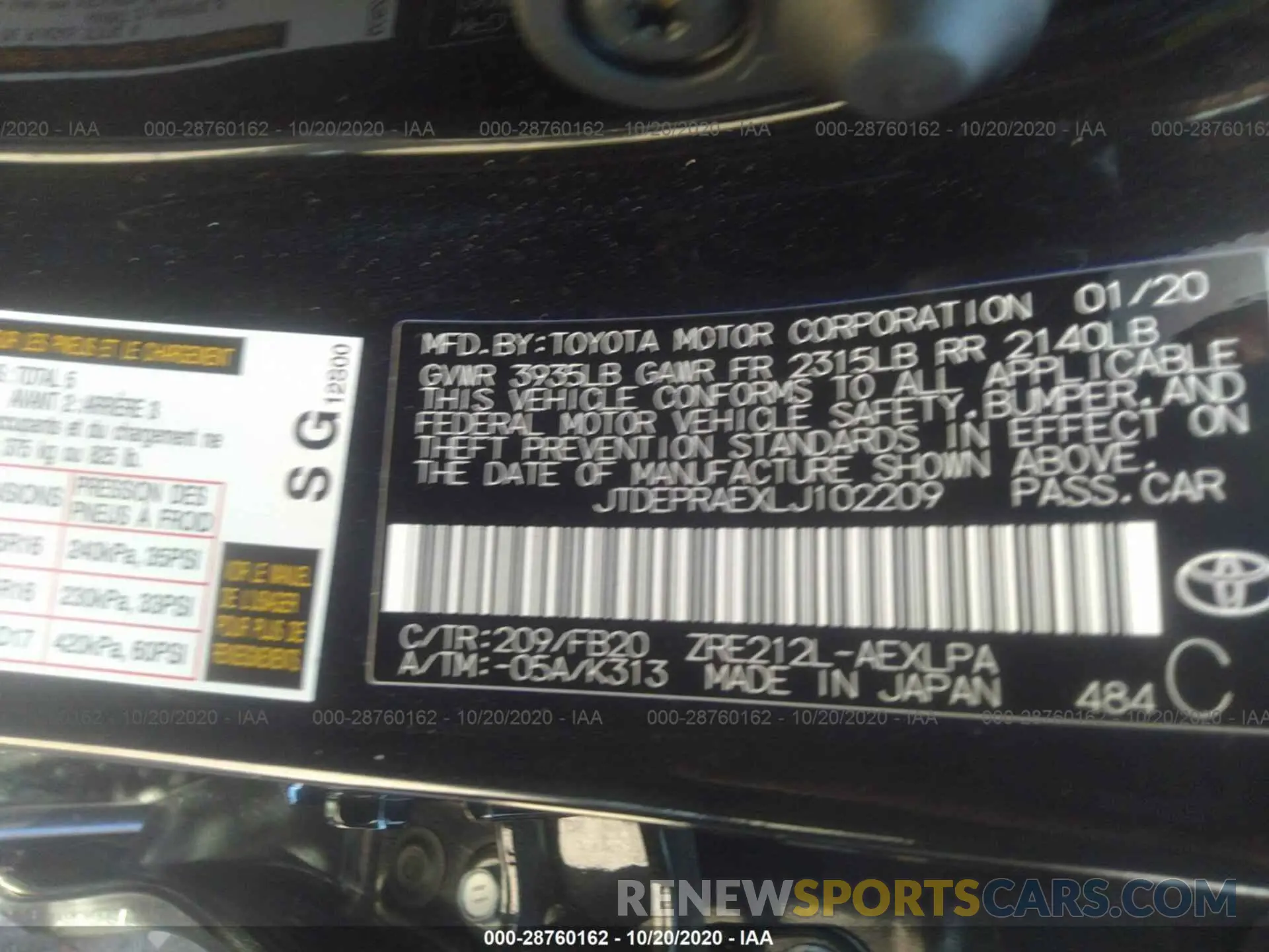 9 fotografías del automóvil dañado JTDEPRAEXLJ102209 TOYOTA COROLLA 2020