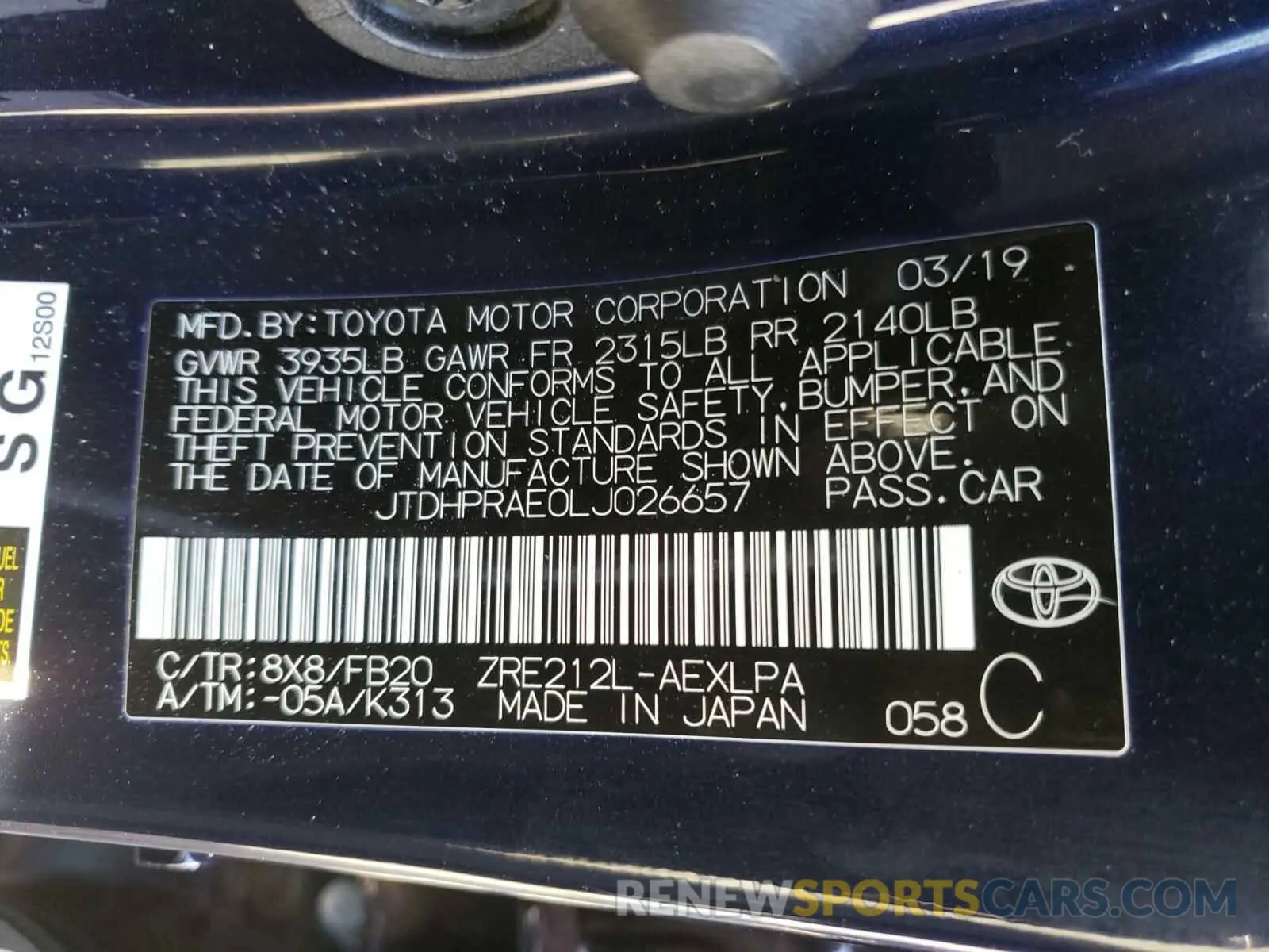 10 fotografías del automóvil dañado JTDHPRAE0LJ026657 TOYOTA COROLLA 2020