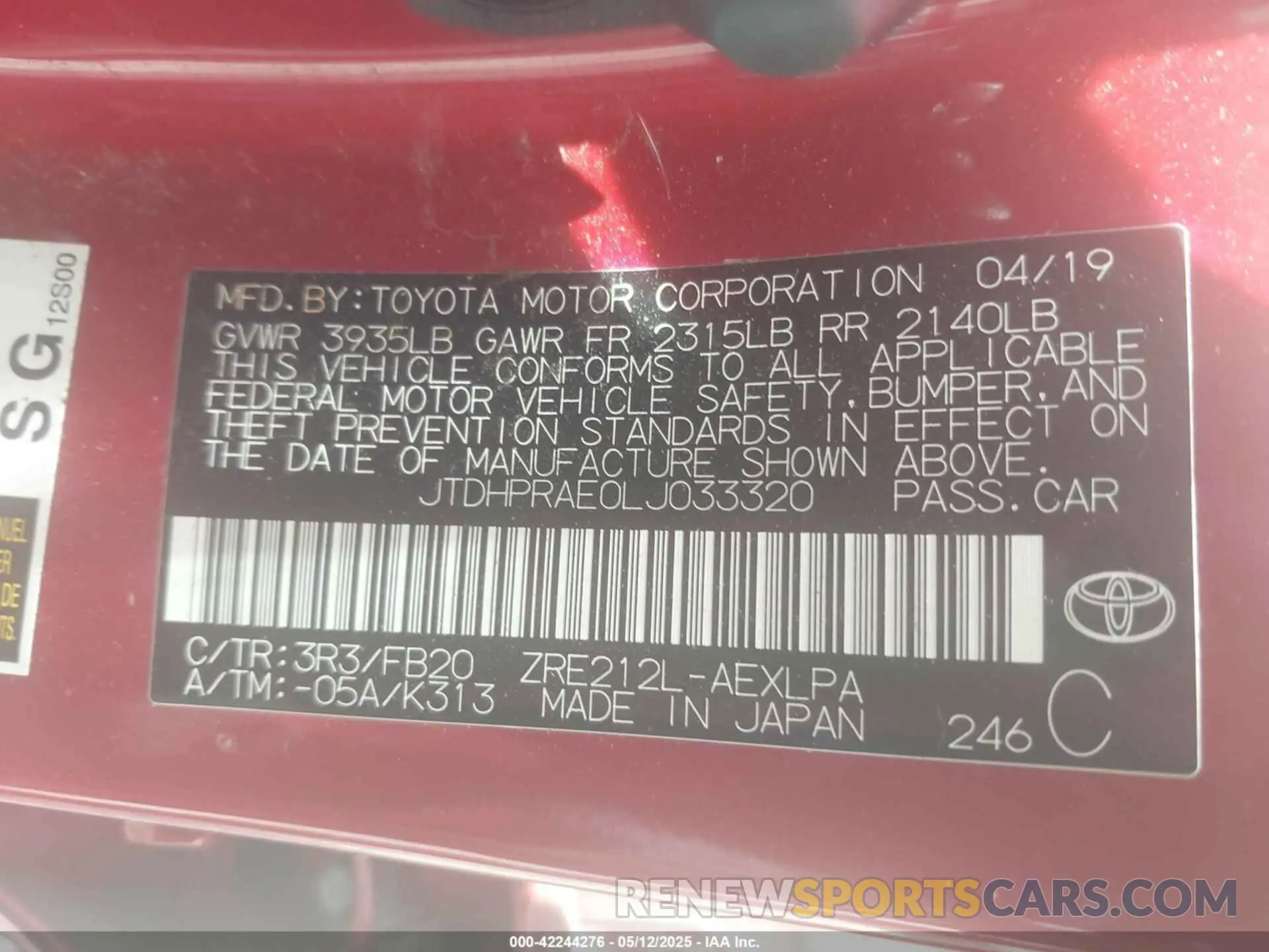 9 fotografías del automóvil dañado JTDHPRAE0LJ033320 TOYOTA COROLLA 2020