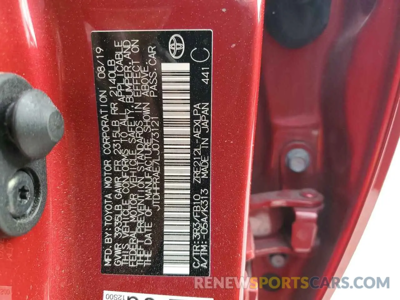 10 fotografías del automóvil dañado JTDHPRAE7LJ073121 TOYOTA COROLLA 2020