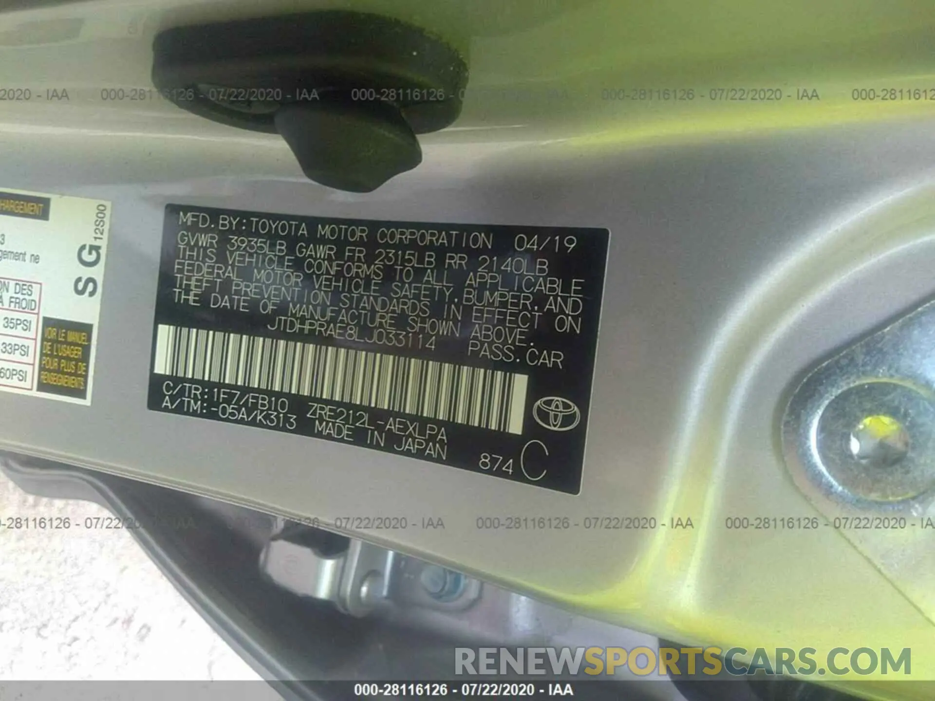 9 fotografías del automóvil dañado JTDHPRAE8LJ033114 TOYOTA COROLLA 2020
