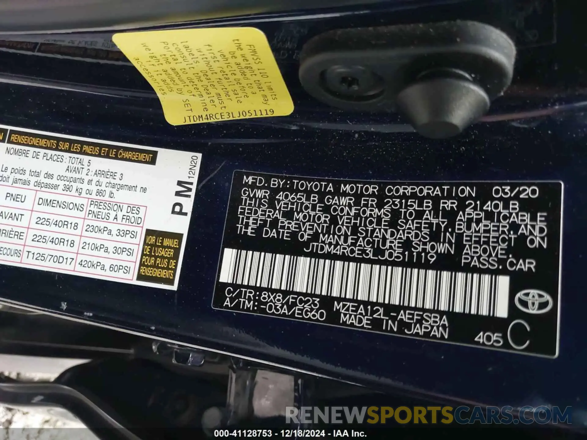 9 fotografías del automóvil dañado JTDM4RCE3LJ051119 TOYOTA COROLLA 2020