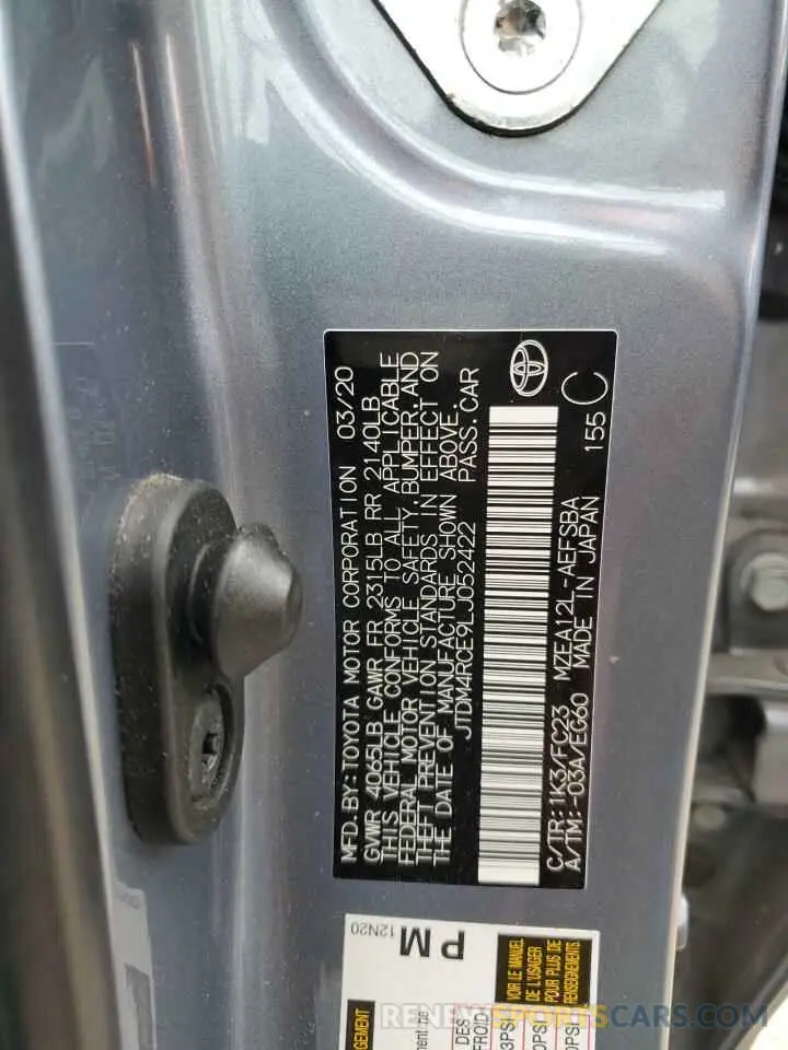 12 fotografías del automóvil dañado JTDM4RCE9LJ052422 TOYOTA COROLLA 2020