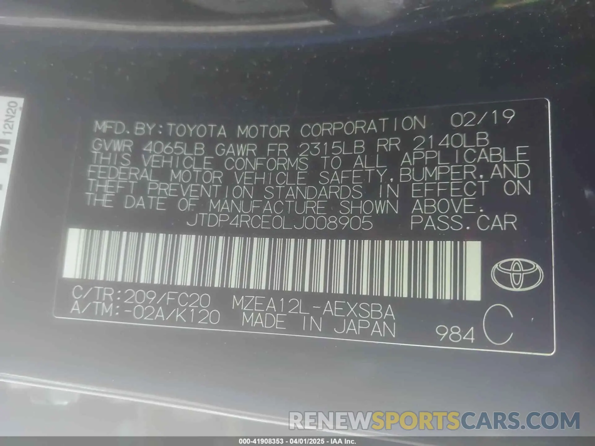 9 fotografías del automóvil dañado JTDP4RCE0LJ008905 TOYOTA COROLLA 2020