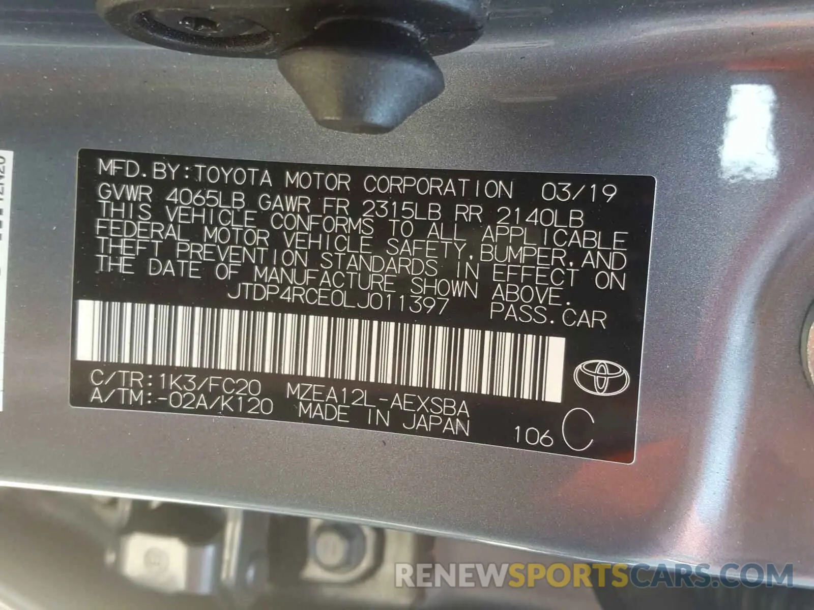 10 fotografías del automóvil dañado JTDP4RCE0LJ011397 TOYOTA COROLLA 2020