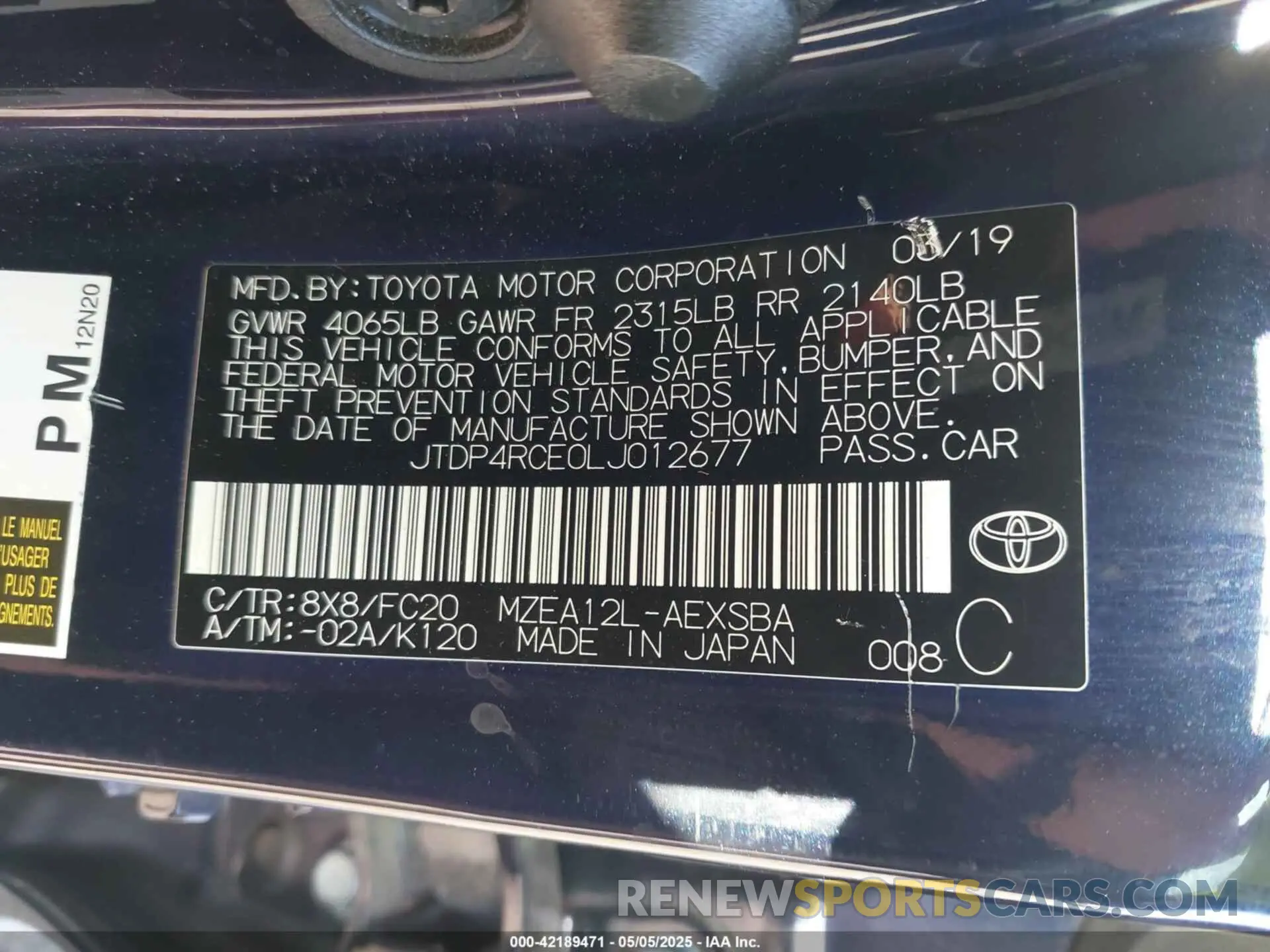 9 fotografías del automóvil dañado JTDP4RCE0LJ012677 TOYOTA COROLLA 2020