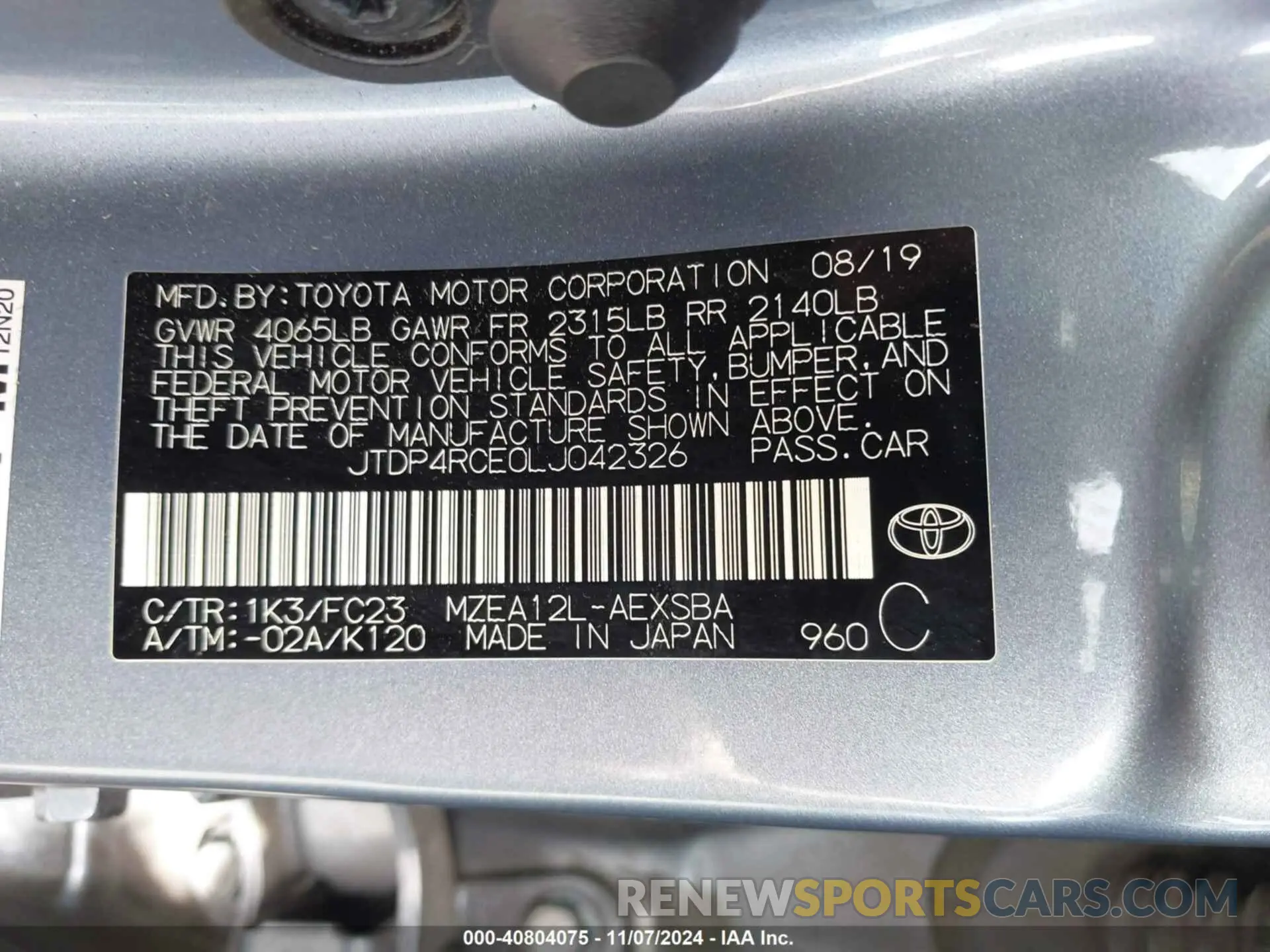 9 fotografías del automóvil dañado JTDP4RCE0LJ042326 TOYOTA COROLLA 2020