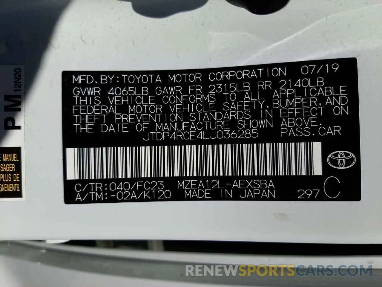 10 fotografías del automóvil dañado JTDP4RCE4LJ036285 TOYOTA COROLLA 2020