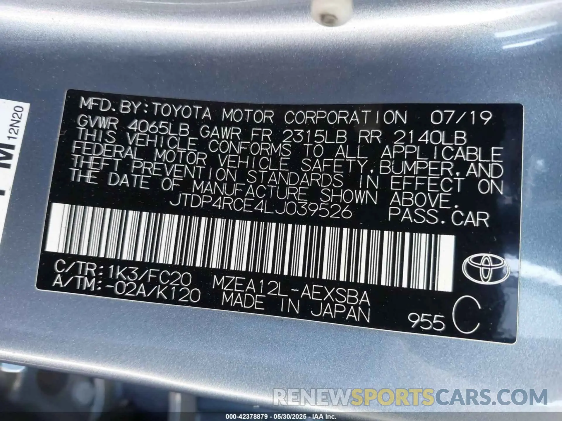 9 fotografías del automóvil dañado JTDP4RCE4LJ039526 TOYOTA COROLLA 2020