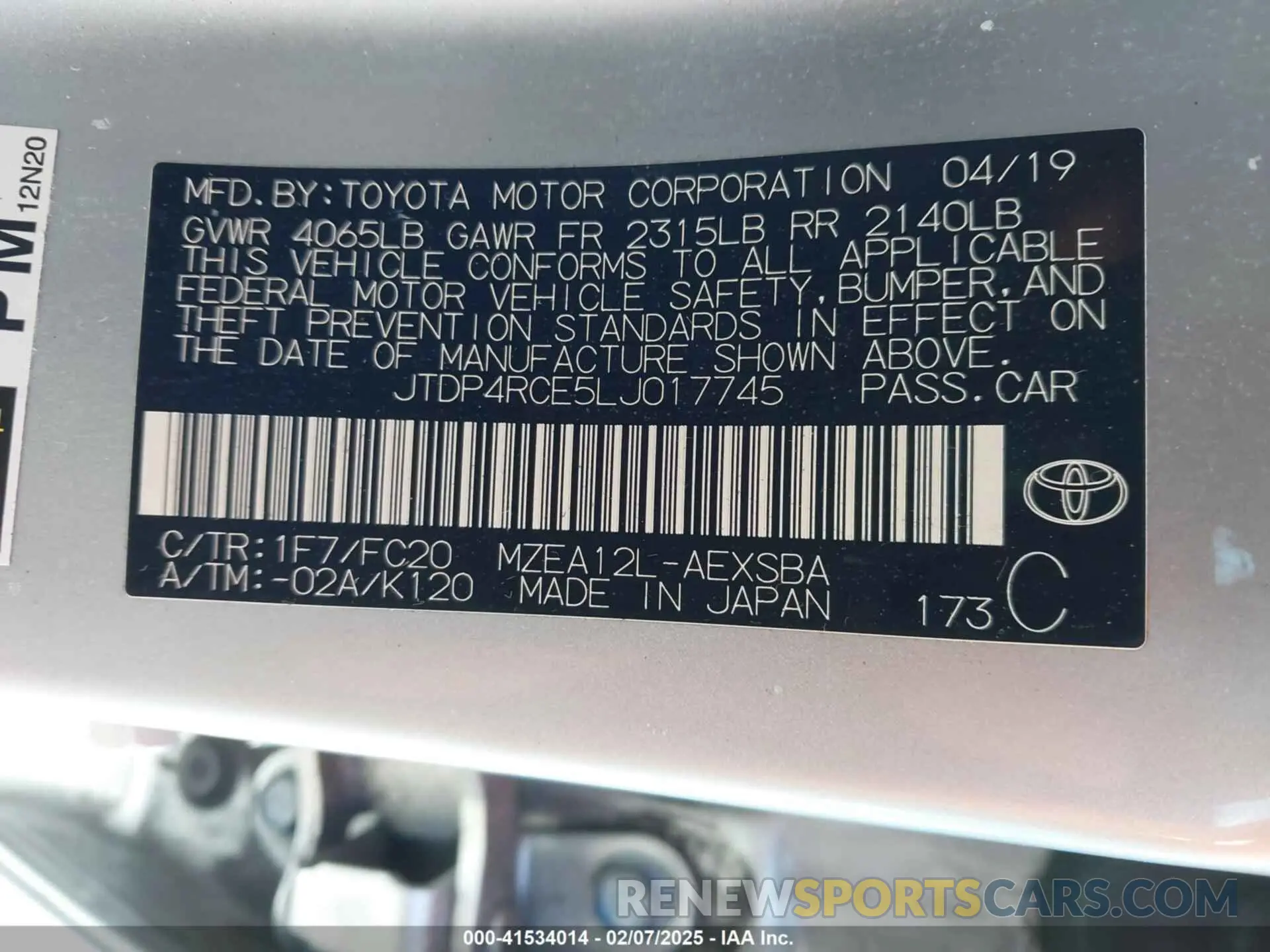 9 fotografías del automóvil dañado JTDP4RCE5LJ017745 TOYOTA COROLLA 2020