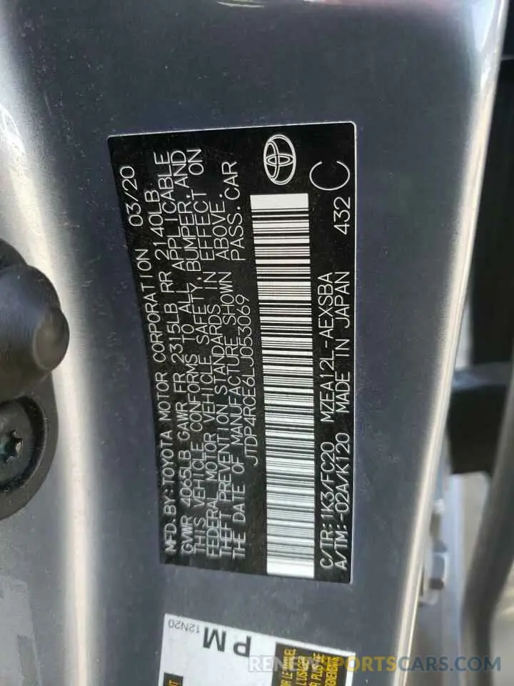 10 fotografías del automóvil dañado JTDP4RCE6LJ053069 TOYOTA COROLLA 2020