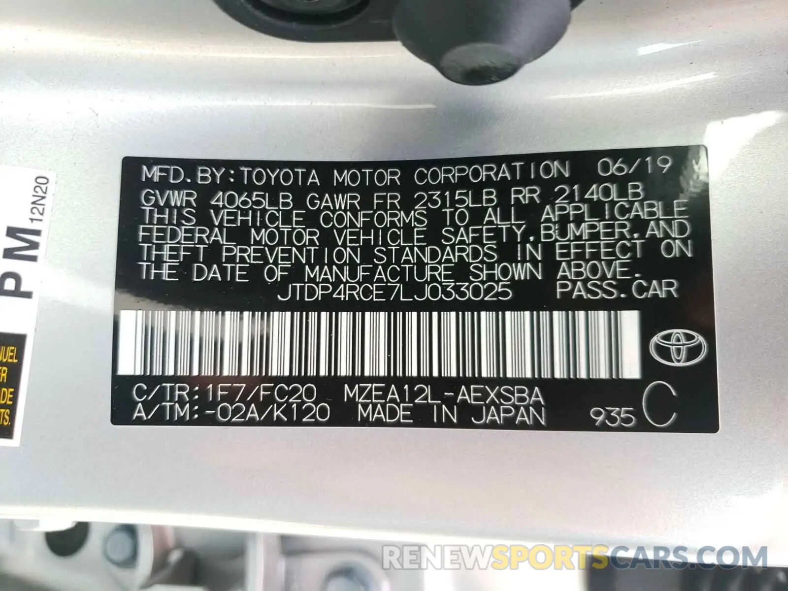 10 fotografías del automóvil dañado JTDP4RCE7LJ033025 TOYOTA COROLLA 2020