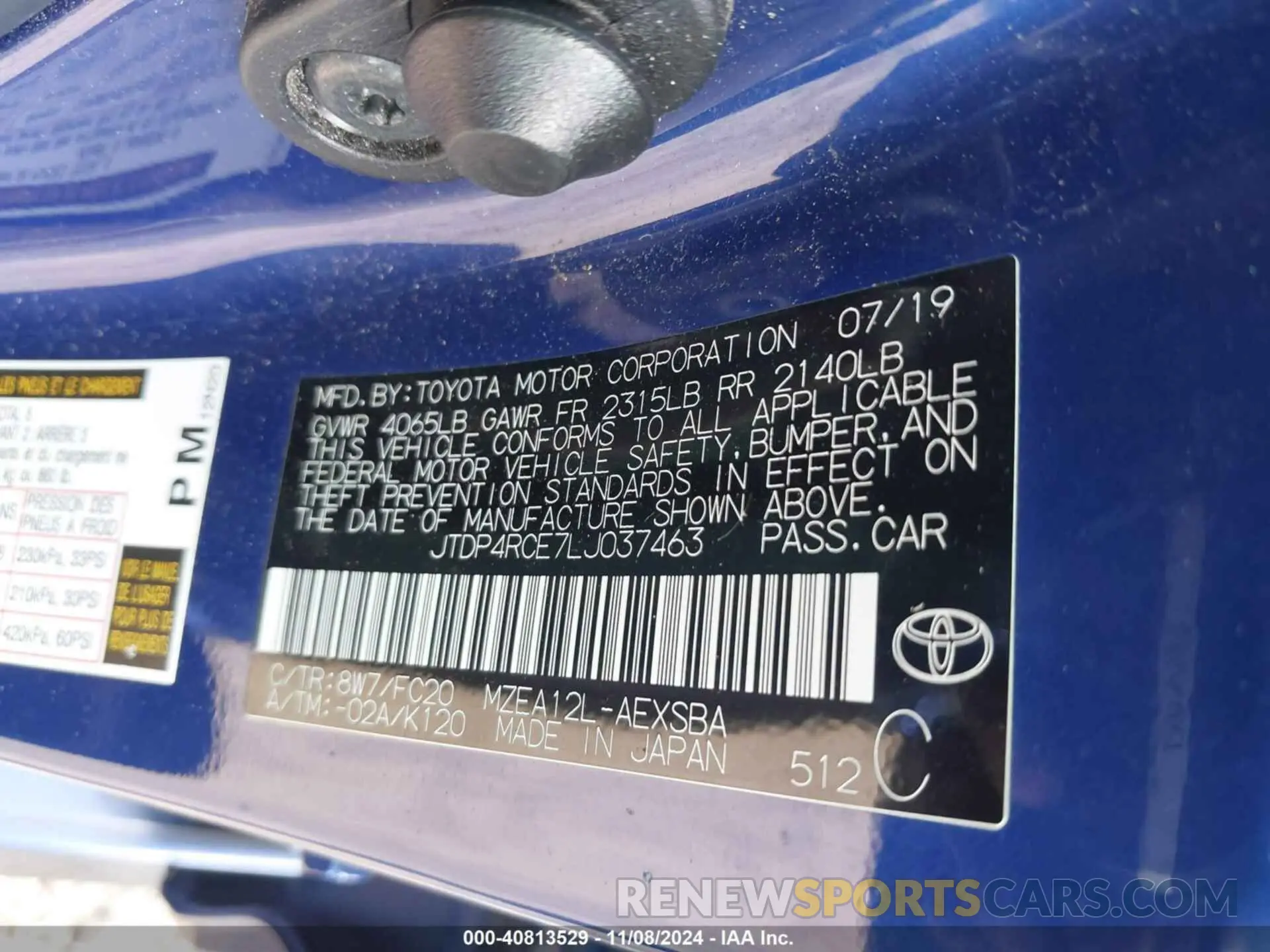 9 fotografías del automóvil dañado JTDP4RCE7LJ037463 TOYOTA COROLLA 2020