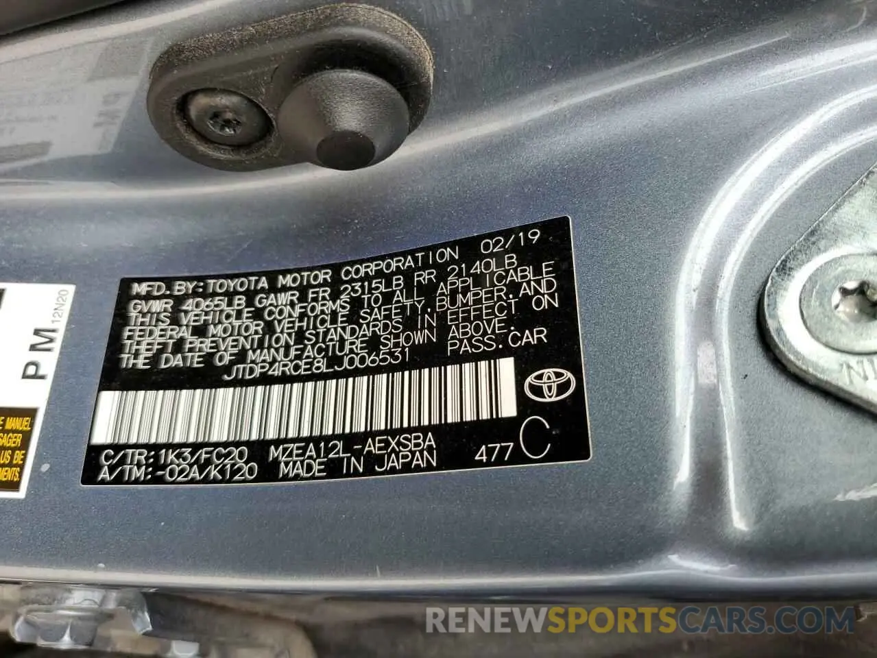 12 fotografías del automóvil dañado JTDP4RCE8LJ006531 TOYOTA COROLLA 2020