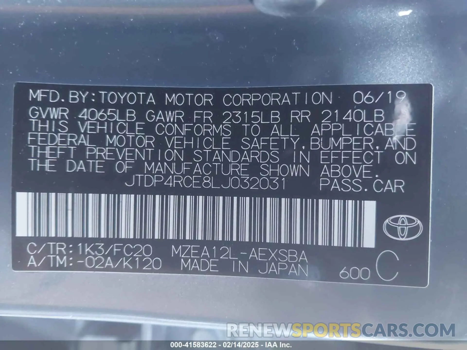 9 fotografías del automóvil dañado JTDP4RCE8LJ032031 TOYOTA COROLLA 2020