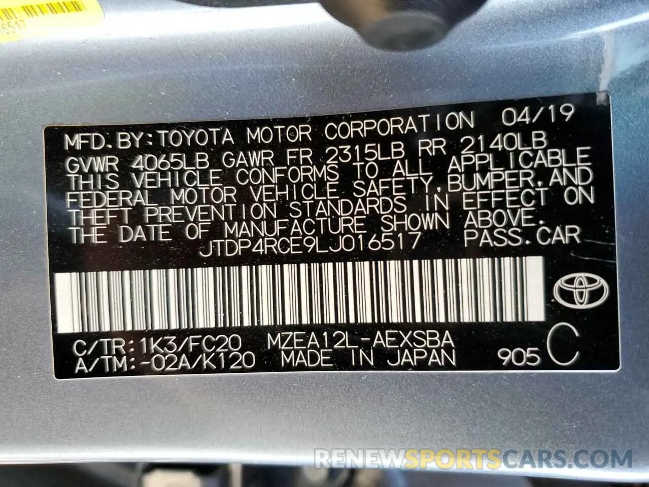 12 fotografías del automóvil dañado JTDP4RCE9LJ016517 TOYOTA COROLLA 2020