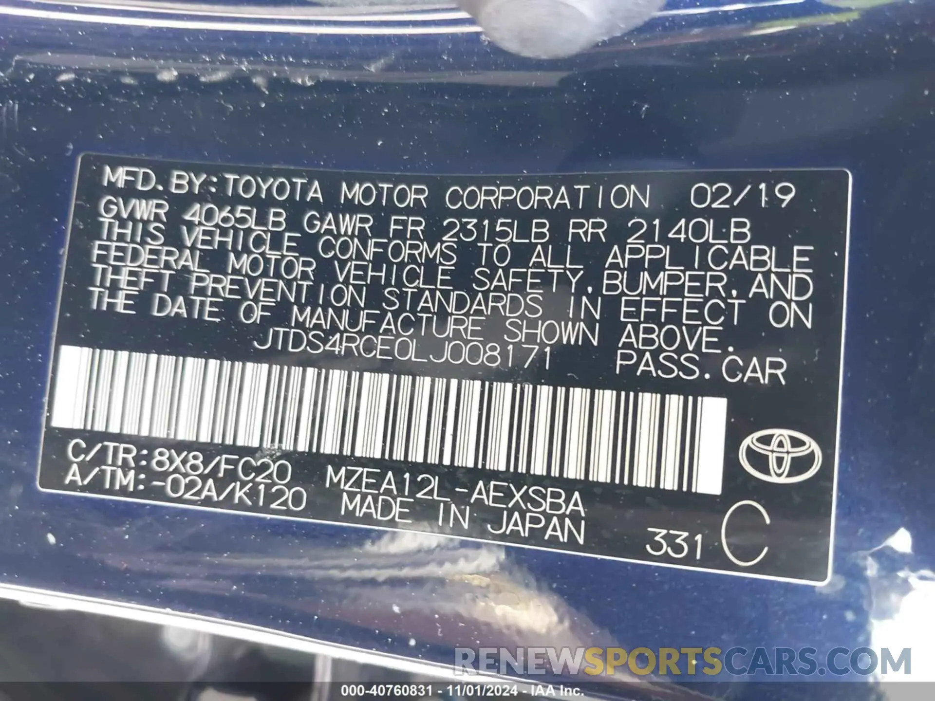 9 fotografías del automóvil dañado JTDS4RCE0LJ008171 TOYOTA COROLLA 2020